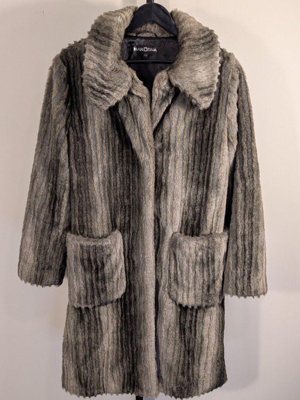 Marcona Vintage Faux Fur Coat Taupe Grey Brown Oversized Collar | Sz M